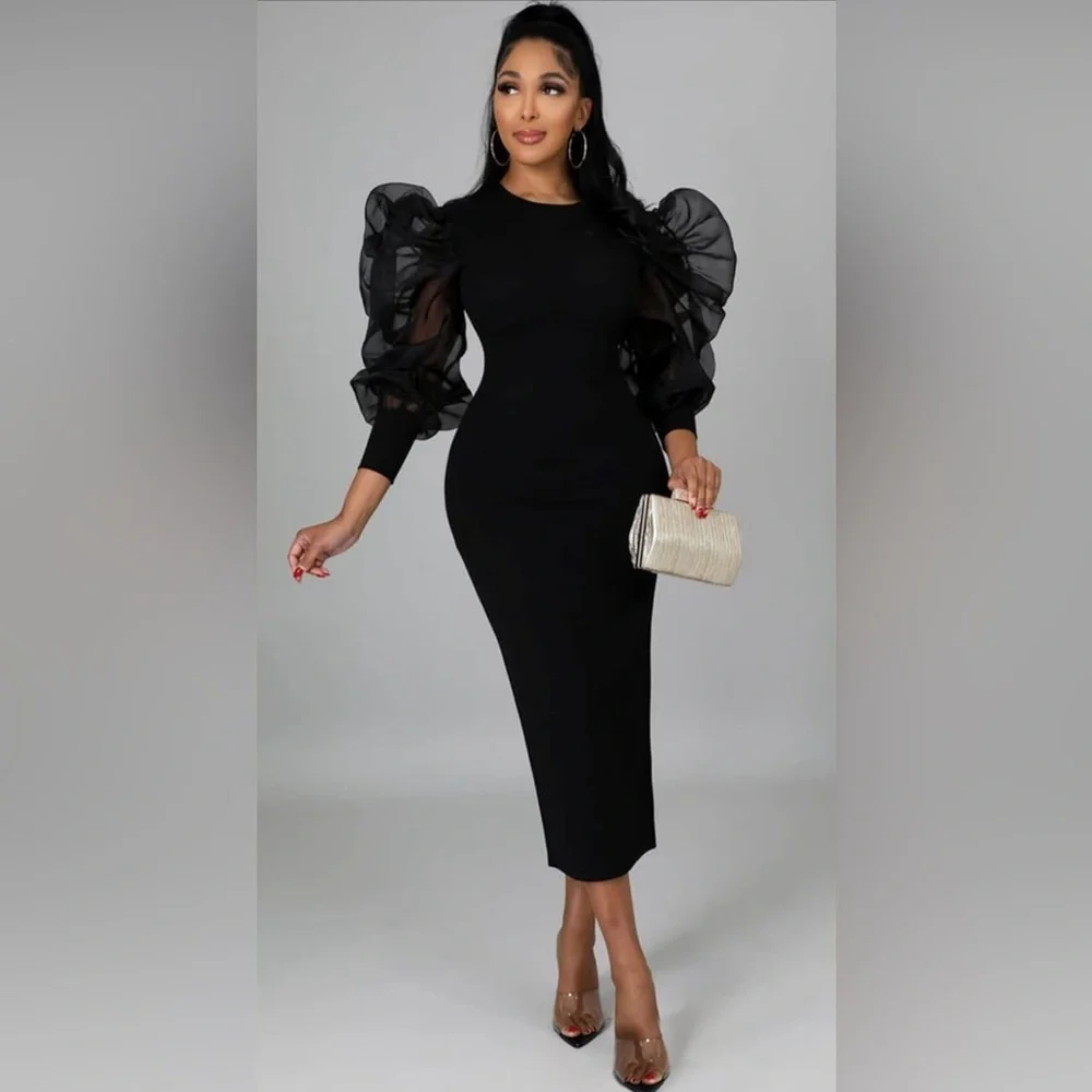 Women's Sexy Mesh Ruffle Long Sleeve Bodycon Dress Round Neck Slim Fit